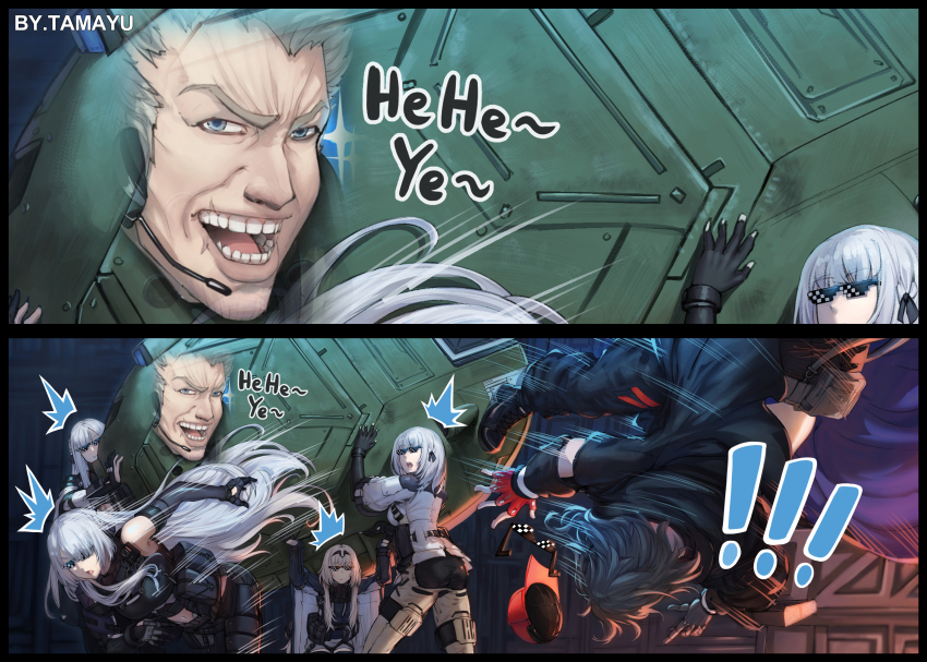 1boy aa-02_sinner_(girls&#039;_frontline) absurdres ainsley_harriott ak-12_(girls&#039;_frontline) ak-15_(girls&#039;_frontline) an-94_(girls&#039;_frontline) angelia_(girls&#039;_frontline) assisted_carrying blonde_hair bodysuit boots carrying commentary_request dancing dancing_pallbearers_(meme) deal_with_it_(meme) english_text falling fingerless_gloves girls&#039;_frontline gloves hat highres kcco_(girls&#039;_frontline) long_hair mecha meme multiple_girls open_mouth robot rpk-16_(girls&#039;_frontline) short_hair smile sunglasses tama_yu unworn_hat unworn_headwear