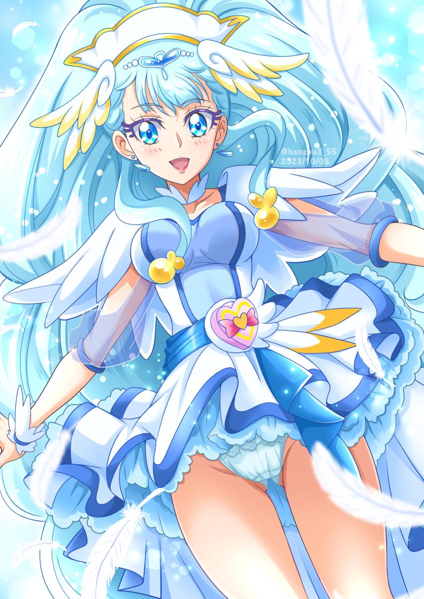 1girl blue_background blue_hair blue_panties blush breasts cure_ange dress earrings feathers gluteal_fold gradient_background hair_ornament hanzou hat head_wings heart_pouch highres hugtto!_precure jewelry long_hair looking_at_viewer magical_girl medium_breasts nurse_cap open_mouth panties precure see-through_clothes see-through_sleeves smile solo thick_eyelashes thighs underwear very_long_hair wings wrist_cuffs yakushiji_saaya