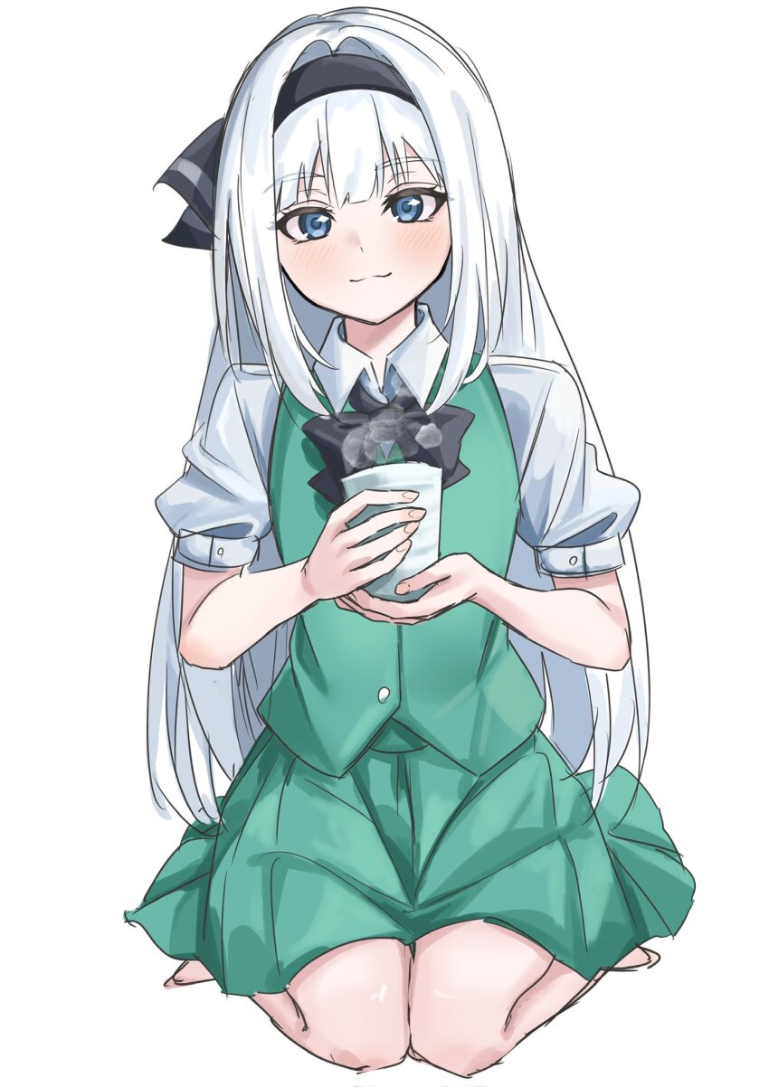 1girl black_bow black_bowtie black_hairband blue_eyes bow bowtie green_skirt green_vest grey_hair hair_ribbon hairband highres konpaku_youmu looking_at_viewer puffy_short_sleeves puffy_sleeves ramiki_(ramiki_3) ribbon shirt short_sleeves skirt skirt_set smile solo steaming_cup tea touhou vest white_hair white_shirt
