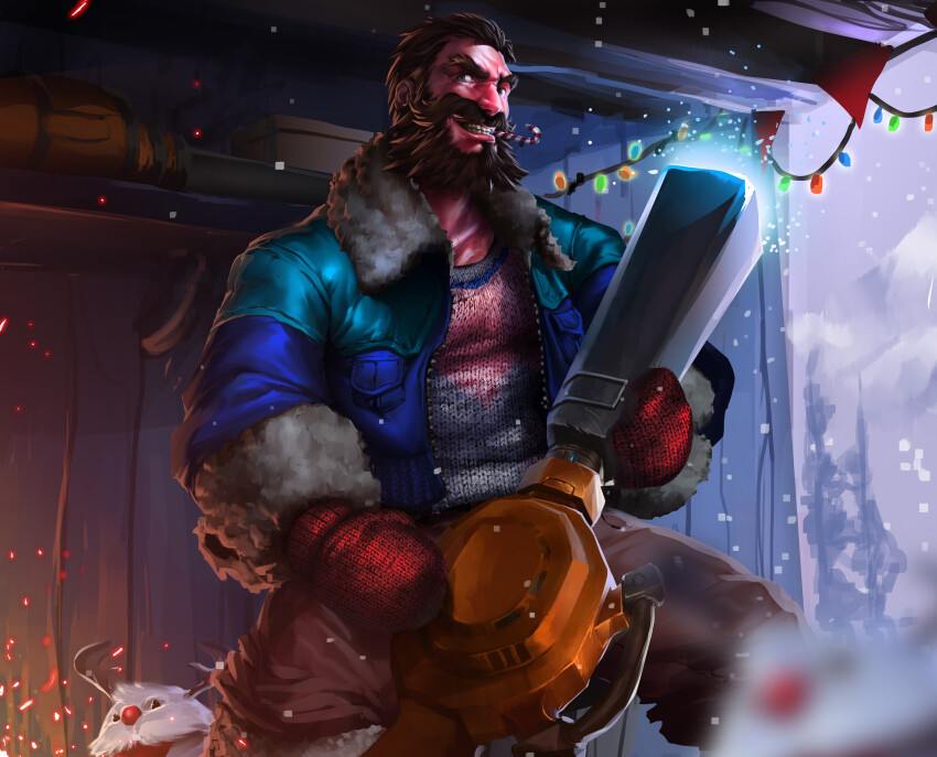1boy absurdres bara beard braito brown_hair brown_pants candy candy_cane christmas_lights coat connected_beard facial_hair food food_in_mouth full_beard graves_(league_of_legends) highres league_of_legends male_focus mature_male mittens muscular muscular_male pants parka poro_(league_of_legends) red_mittens shed smirk snow snow_blower snow_day_graves sweater thick_beard winter_clothes winter_coat