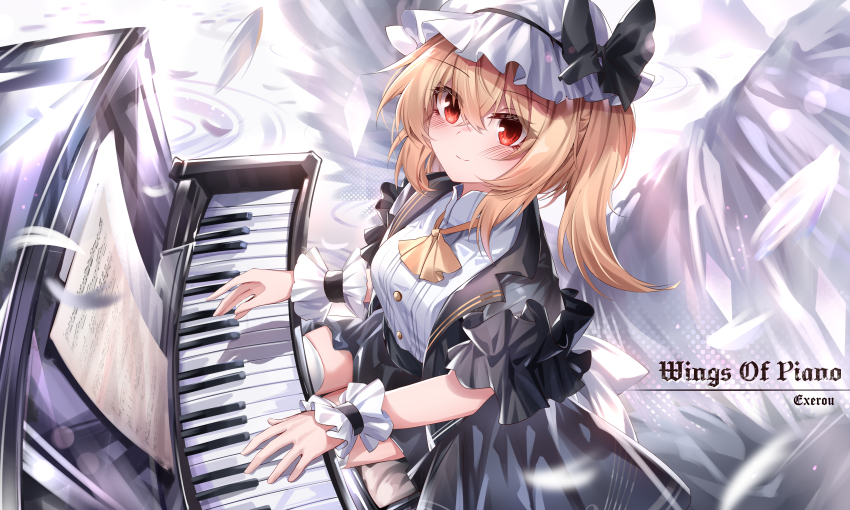 1girl absurdres alternate_costume ascot black_dress blonde_hair bow closed_mouth deemo dress feathered_wings flandre_scarlet frills hair_between_eyes hat highres holding instrument long_hair looking_at_viewer mob_cap music piano_keys playing_instrument playing_piano puffy_short_sleeves puffy_sleeves red_eyes ribbon short_hair short_sleeves smile solo top-exerou touhou upper_body wings wrist_cuffs yellow_ascot