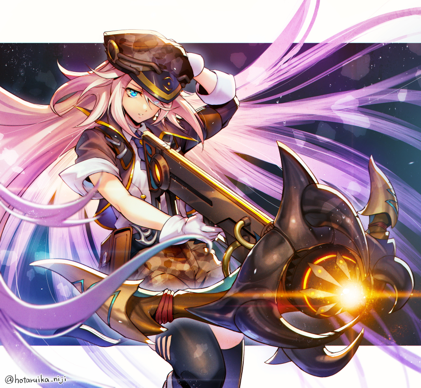1girl absurdres belial_(megido72) black_jacket black_thighhighs blue_eyes breasts buttons camouflage camouflage_headwear camouflage_shorts gloves gun hair_between_eyes hat highres holding holding_weapon hotaruika_niji huge_weapon jacket large_breasts long_hair megido72 necktie pink_hair red_necktie shirt short_necktie shorts sleeves_rolled_up solo thighhighs torn_clothes torn_thighhighs twitter_username uniform upper_body weapon white_gloves white_shirt