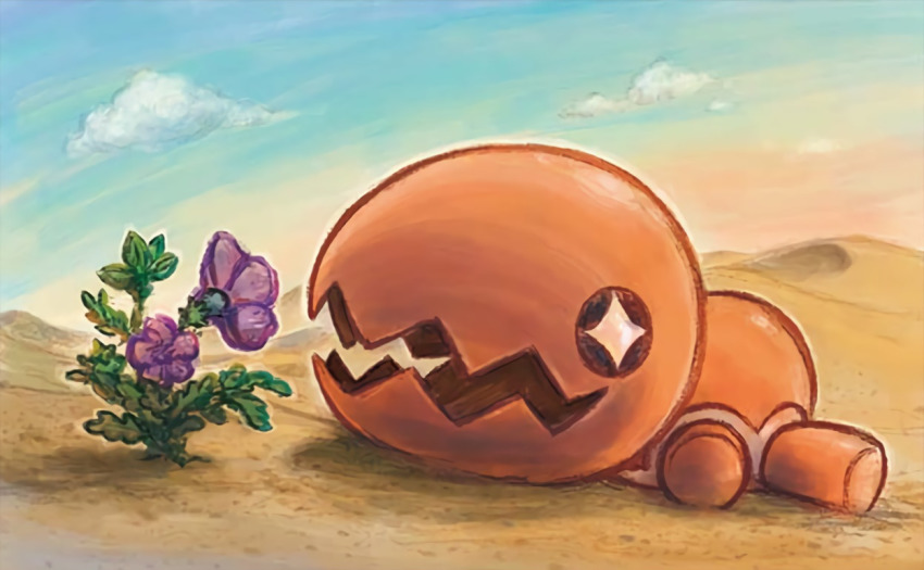 black_eyes blue_sky cloud creature day desert flower from_side full_body gen_3_pokemon lying nintendo no_humans official_art on_stomach open_mouth outdoors pokemon pokemon_(creature) pokemon_tcg profile sand sky solo sowsow third-party_source trapinch