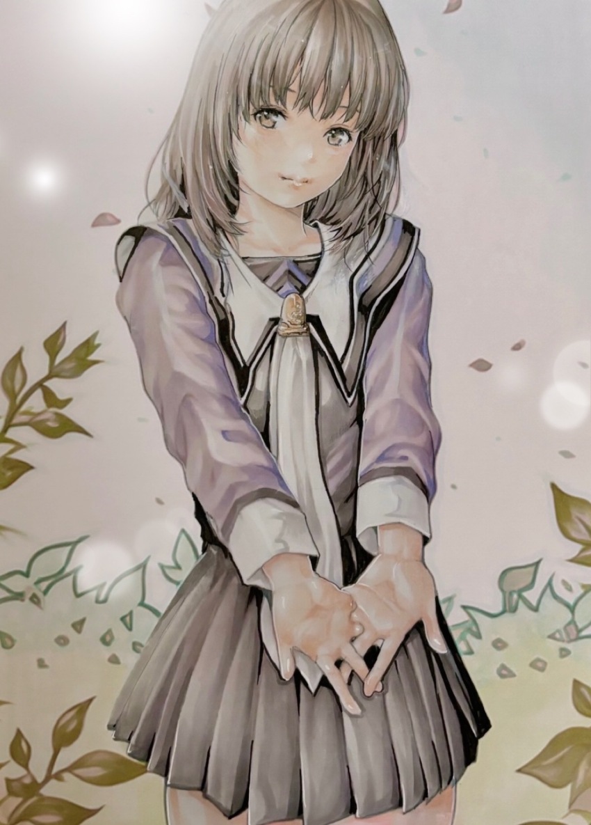1girl black_skirt brown_eyes brown_hair closed_mouth cowboy_shot highres i&quot;s katsu_(24791909) lips long_sleeves marker_(medium) medium_hair own_hands_together palms pleated_skirt purple_shirt school_uniform shirt skirt solo traditional_media yoshizuki_iori