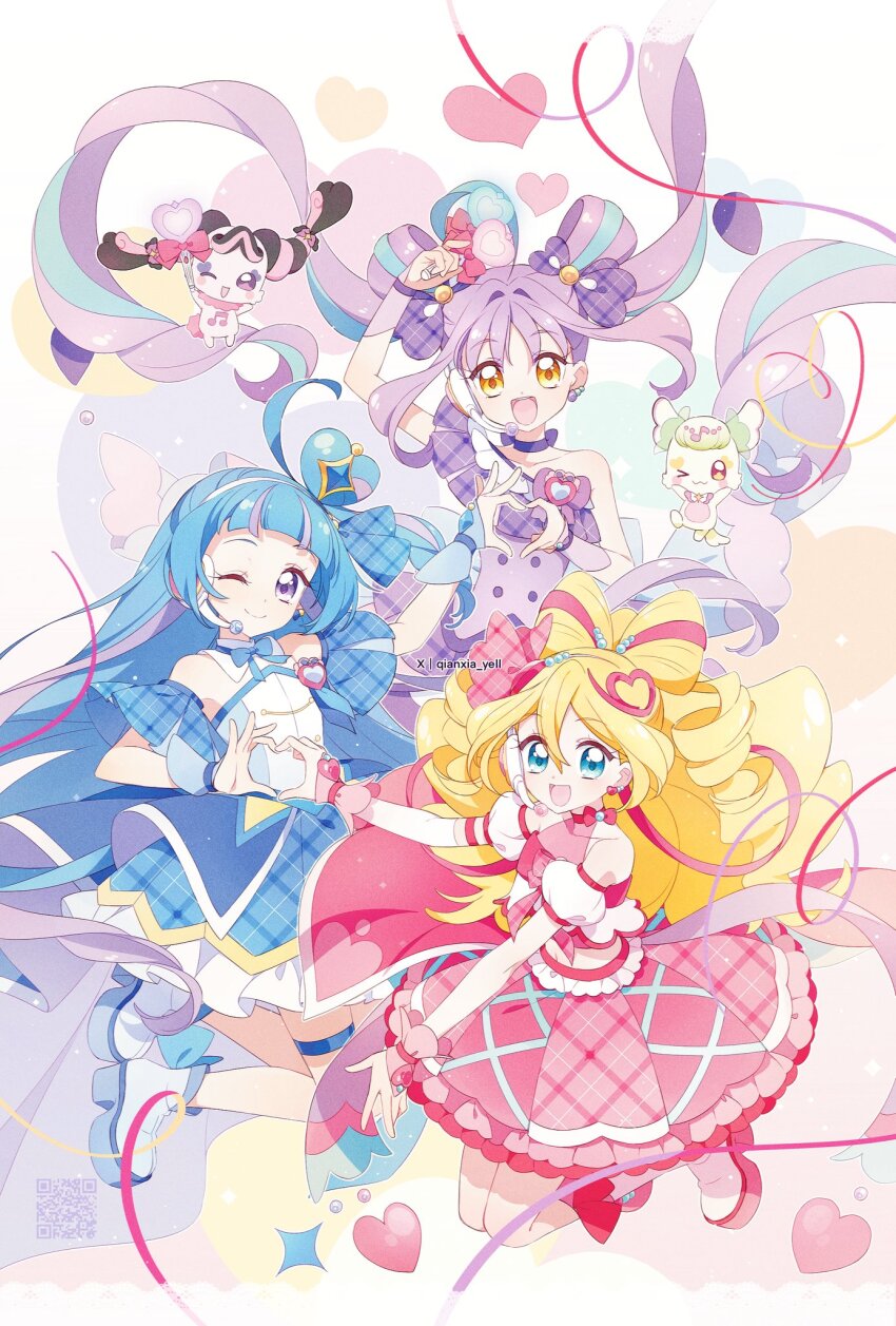 3girls :d ahoge ankle_boots aokaze_nana arm_warmers artist_name bare_shoulders beads blonde_hair blue_bow blue_bowtie blue_dress blue_eyes blue_hair blue_ribbon blue_sleeves blue_wrist_cuffs boots bow bow-shaped_hair bow_choker bowtie choker closed_mouth collar collarbone commentary crop_top cure_idol cure_kyunkyun cure_wink detached_collar detached_sleeves double_bun dress drill_hair earrings english_commentary flat_chest floating_hair full_body hair_beads hair_between_eyes hair_bow hair_bun hair_ornament hair_ribbon headset heart heart-shaped_hair heart_earrings heart_hair_bun heart_hands heart_hands_trio heart_wand highres holding holding_wand huge_ahoge idol_heart_brooch jewelry kimi_to_idol_precure knee_boots long_hair looking_at_viewer magical_girl meroron_(precure) microphone midriff multicolored_hair multiple_girls navel one_eye_closed open_mouth pink_bow pink_choker pink_hair pink_ribbon pink_shirt pink_skirt pink_wrist_cuffs plaid_bow plaid_clothes plaid_ribbon plaid_sleeves precure puffy_detached_sleeves puffy_sleeves purirun_(precure) purple_bow purple_choker purple_dress purple_eyes purple_hair purple_wrist_cuffs qianxia_yell qr_code ribbon sakura_uta_(precure) shigure_kokoro shirt short_sleeves single_arm_warmer skirt smile strapless strapless_dress streaked_hair thigh_strap twin_drills twintails two-tone_hair very_long_hair wand white_arm_warmers white_boots white_collar white_sleeves wrist_cuffs yellow_eyes