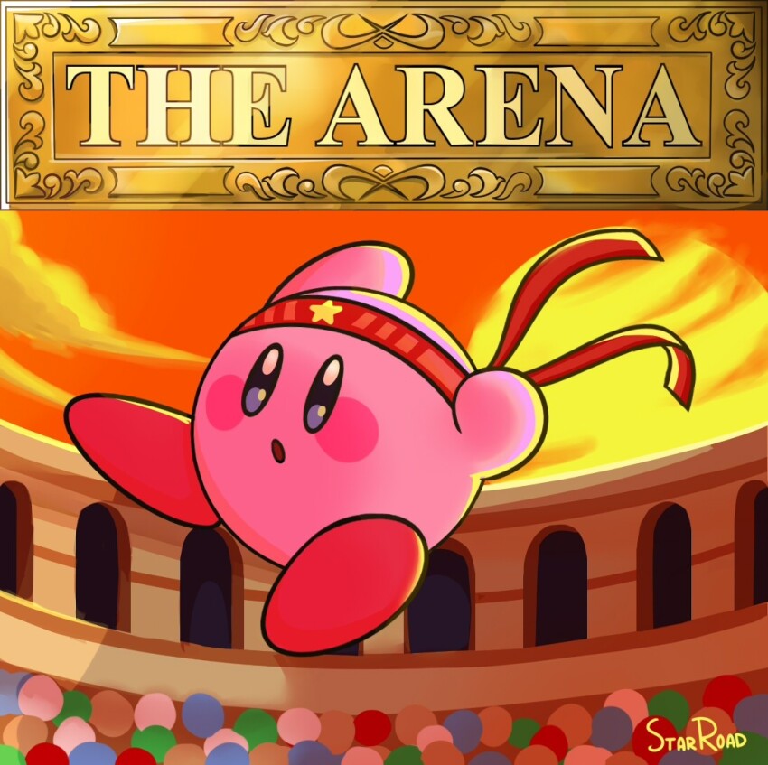 bandana blush_stickers colored_skin colosseum commentary copy_ability crowd english_commentary fighter_kirby kirby kirby_(series) kirby_super_star nintendo pink_skin red_bandana signature solid_oval_eyes starroad sunset