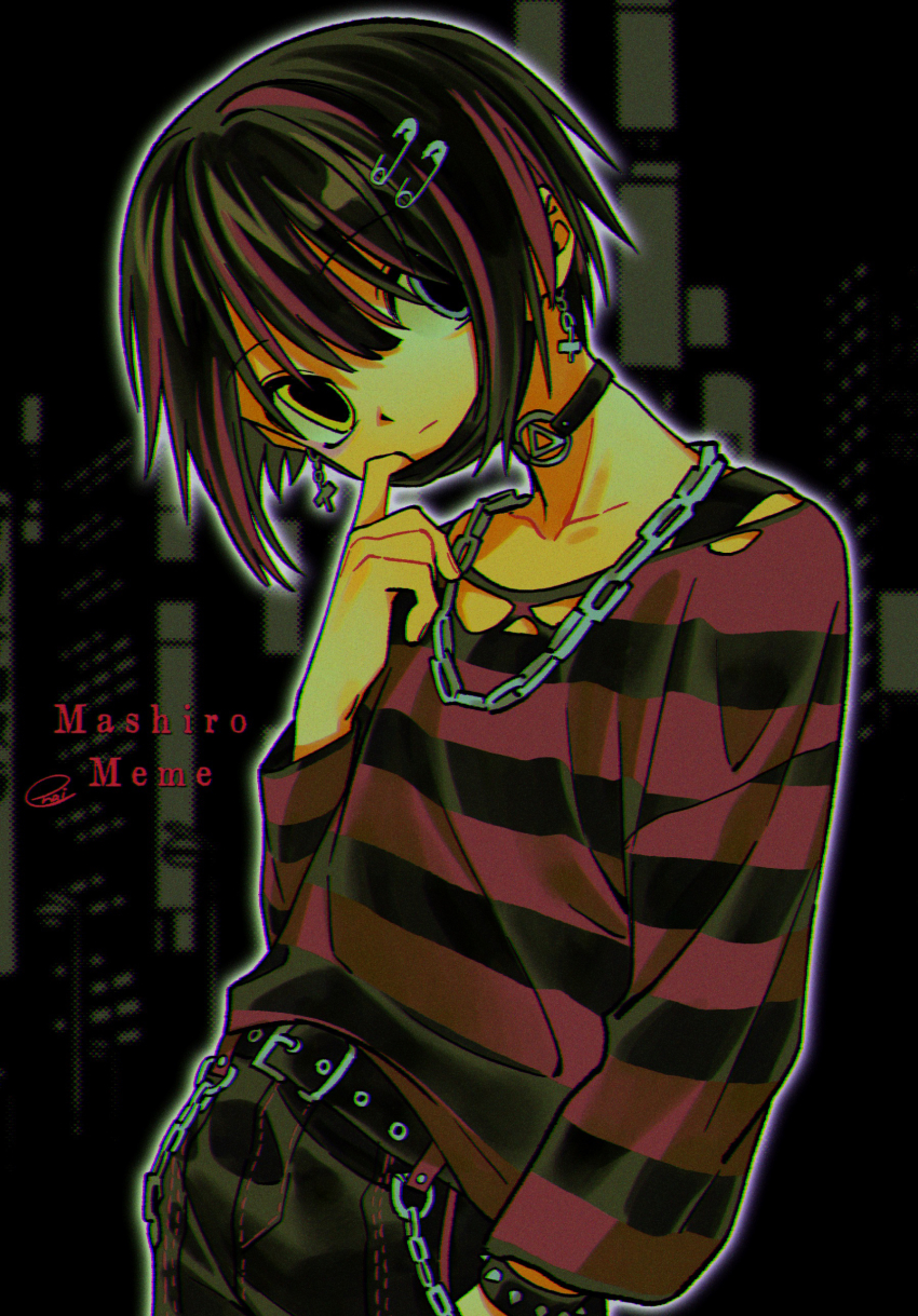 1boy absurdres androgynous belt black_hair black_pants blue_eyes bracelet chain chain_necklace choker cowboy_shot dark english_text hand_on_mask head_tilt heterochromia highres jewelry long_sleeves looking_at_viewer mashiro_meme mashiro_meme_(3rd_costume) mask mask_pull menma_(enaic31) mouth_mask multicolored_hair necklace nijisanji pants paperclip paperclip_hair_ornament red_hair shirt short_hair signature solo streaked_hair striped_clothes striped_shirt virtual_youtuber yellow_eyes