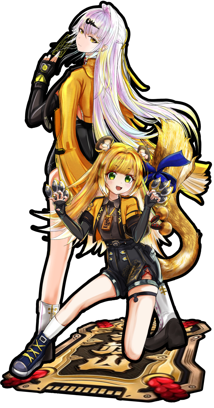 2girls absurdres ahoge animal_ear_fluff animal_ears bow brown_shirt claw_(weapon) collared_shirt elbow_gloves fingerless_gloves gloves green_eyes hair_ornament high-waist_shorts highres holding_ofuda jacket ju_fufu long_hair looking_at_viewer multiple_girls on_one_knee orange_fur rin_yu_ayakawa shirt shorts single_elbow_glove single_hair_intake single_thighhigh smile tail tail_bow tail_ornament thigh_strap thighhighs tiger_ears tiger_girl tiger_stripes tiger_tail weapon yellow_eyes yellow_jacket yin_yang_pin yixuan_(zenless_zone_zero) zenless_zone_zero