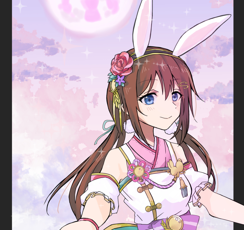 1girl absurdres alternate_hairstyle animal_ears aqua_eyes aqua_ribbon arm_garter arm_ribbon artist_name artist_request back_bow bare_shoulders black_border black_headband blue_eyes blush border bow breasts brown_hair cloud crescent_moon_symbol earrings fake_animal_ears female_focus flower flower_knot frills gem green_bow green_ribbon hair_between_eyes hair_flower hair_ornament hair_ribbon hairclip headband highres japanese_clothes jewelry kimono long_hair looking_at_viewer love_live! love_live!_nijigasaki_high_school_idol_club love_live!_school_idol_festival love_live!_school_idol_festival_all_stars miniskirt moon moon_festival_rabbit_(love_live!) obi osaka_shizuku outdoors outstretched_arms parted_lips pearl_(gemstone) pink_kimono plaid_clothes plaid_kimono pom_pom_(clothes) pom_pom_earrings ponytail puffy_short_sleeves puffy_sleeves purple_bow purple_flower purple_kimono rabbit_ears red_flower ribbon sash short_sleeves single_wrist_cuff skirt sky small_breasts smile solo sparkle twintails upper_body white_kimono wrist_cuffs wrist_ribbon