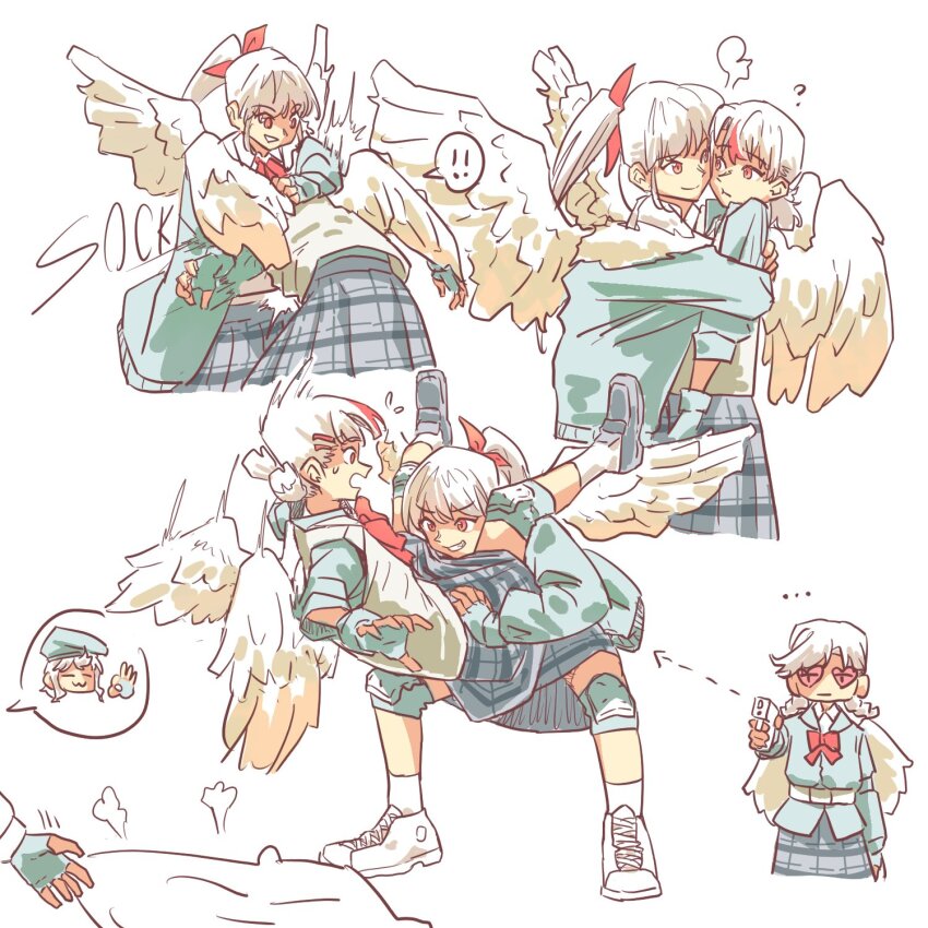! !! 4girls aiming angel_wings anjuro_zeeku chiyo_(love-bullet) commentary ena_(love-bullet) english_commentary fingerless_gloves gloves gun heart heart-shaped_eyewear highres holding holding_gun holding_weapon hug kanna_(love-bullet) knee_pads koharu_(love-bullet) long_hair love-bullet multiple_girls open_mouth piledriver_(wrestling) red-tinted_eyewear red_streaks school_uniform shoes short_hair simple_background skirt smile sneakers spoken_exclamation_mark sunglasses tinted_eyewear weapon white_background white_hair wings yuri
