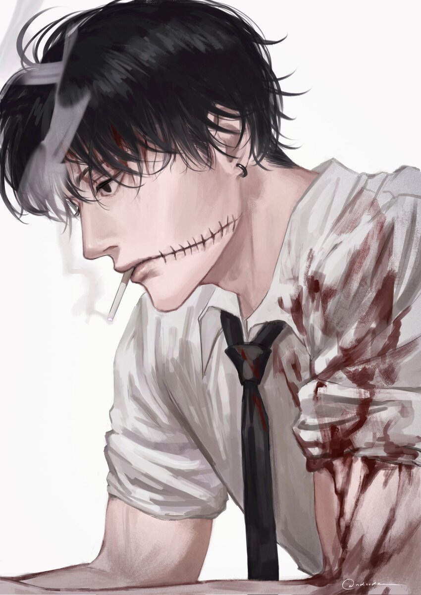 1boy black_hair black_necktie blood blood_on_arm blood_on_clothes blood_on_face chainsaw_man cigarette collared_shirt ear_piercing highres kishibe_(chainsaw_man) kishibe_(young)_(chainsaw_man) looking_to_the_side ndsoda necktie piercing shirt short_hair simple_background sleeves_rolled_up smoke smoking solo stitched_face stitches white_shirt