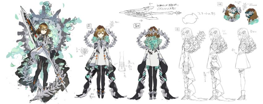 1girl black_pantyhose brown_hair reference_sheet dress flower from_behind from_side full_body green_flower hair_between_eyes hair_ornament holding holding_polearm holding_weapon integral_killer_(phantom_of_the_kill) longinus_(phantom_of_the_kill) official_alternate_costume official_art pantyhose phantom_of_the_kill polearm second-party_source simple_background spear standing straight-on weapon white_background white_dress