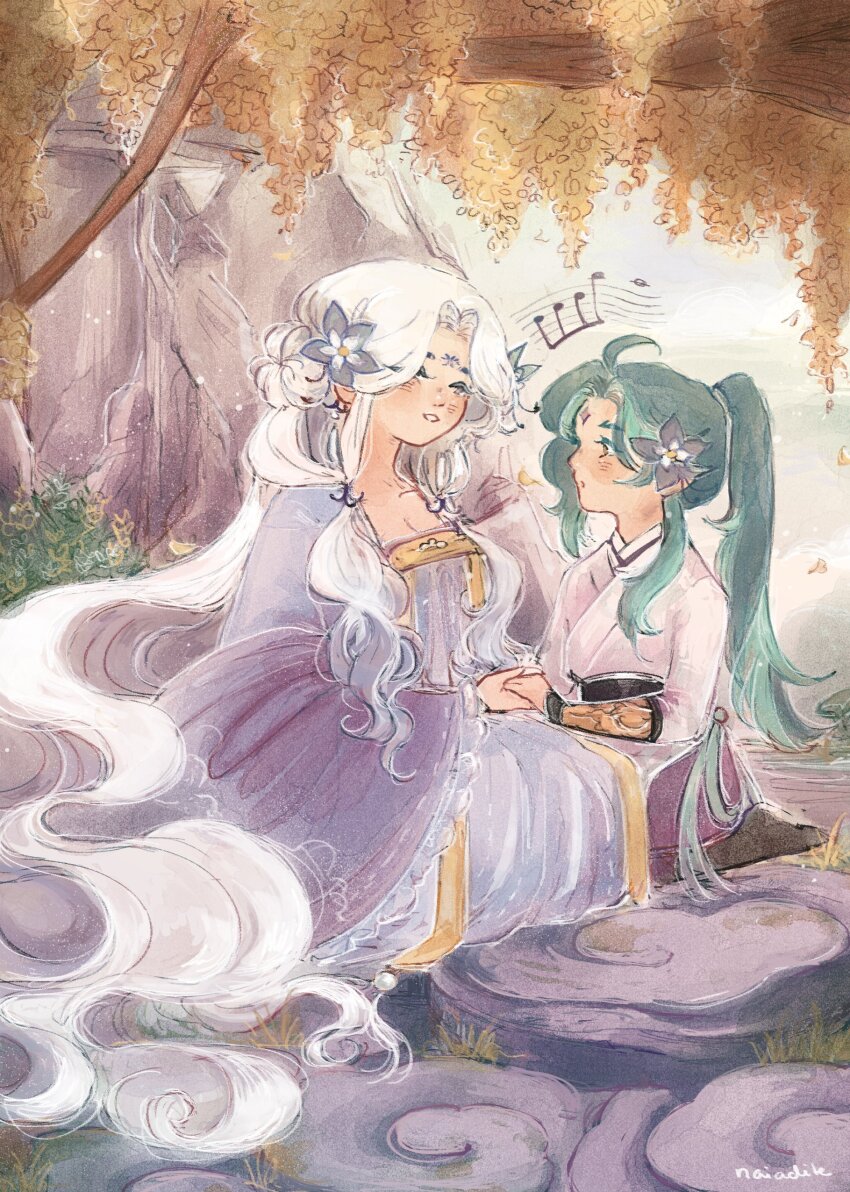 1girl :o absurdres blush breasts chinese_clothes clothing_request colored_eyelashes commentary curtained_hair english_commentary facial_mark flower flower_request forehead_mark full_body gender_request genshin_impact green_hair guizhong_(genshin_impact) hair_flower hair_ornament hairstyle_request hanfu height_difference high_ponytail highres holding_hands in-universe_location jiaoling_ruqun large_breasts location_request long_hair middle_part music musical_note musical_staff naiadite ponytail qixiong_ruqun sidelocks singing sitting teaching tree very_long_hair white_hair xiao_(genshin_impact) yuri