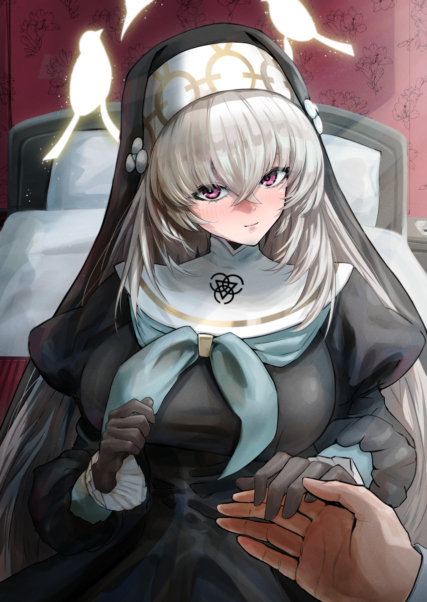 1girl absurdres black_dress black_gloves black_hat blue_archive blue_ribbon blush closed_mouth collar crossed_bangs dress gloves hair_between_eyes hat highres holding_hands kc_ncp long_hair nun purple_eyes ribbon sakurako_(blue_archive) sidelocks smile white_collar white_hair