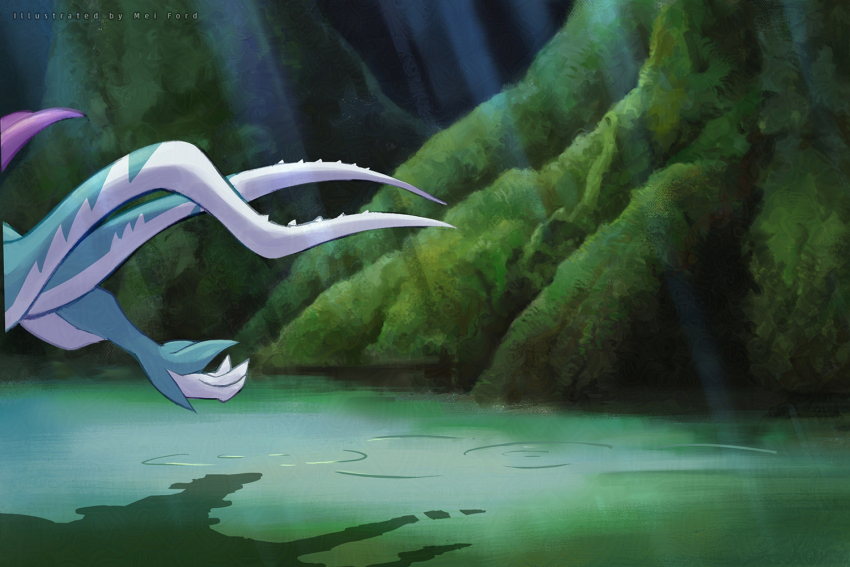 artist_name commentary_request day light_rays mei_ford moss nintendo no_humans outdoors pokemon pokemon_(creature) ripples solo tree walking_wake