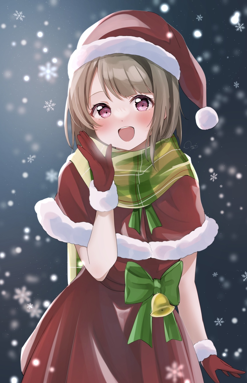 1girl :d absurdres alternate_costume blurry blurry_background blurry_foreground blush bob_cut capelet commentary cowboy_shot dress fur-trimmed_capelet fur-trimmed_gloves fur_trim gloves green_scarf grey_background grey_hair hat highres looking_at_viewer love_live! love_live!_nijigasaki_high_school_idol_club nakasu_kasumi nyako_(utaneko31) open_mouth pink_eyes plaid_clothes plaid_scarf red_capelet red_dress red_gloves red_hat santa_costume santa_dress santa_hat scarf short_hair smile snowflakes solo