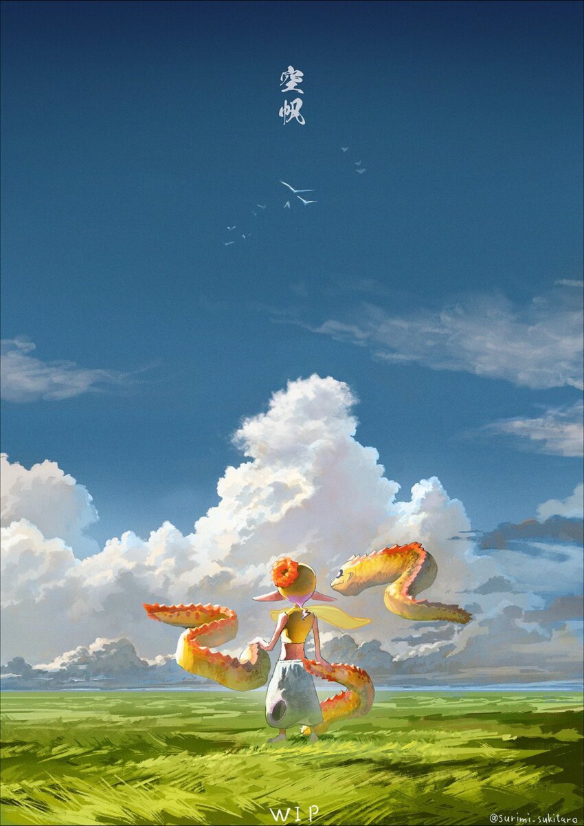 1girl artist_name blue_sky cloud commentary_request couldoh dark-skinned_female dark_skin field flying frye_(splatoon) highres horizon inkling long_hair long_pointy_ears moray_eel nintendo on_grass pants pointy_ears scenery simple_bird sky solo splatoon_(series) splatoon_3 standing tentacle_hair twitter_username white_pants