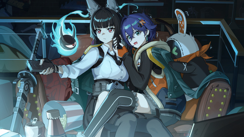 2girls absurdres animal_ear_fluff animal_ears bangboo_(zenless_zone_zero) belle_(zenless_zone_zero) black_gloves black_hair black_necktie black_pantyhose black_shirt black_skirt black_thighhighs blue_hair bottle breasts can collared_shirt controller couch earrings eous_(zenless_zone_zero) fingerless_gloves food fox_ears fox_tail frilled_thighhighs frills gloves green_eyes green_jacket hair_ornament high-waist_skirt highres holding holding_necktie holding_remote_control hoshimi_miyabi indoors jacket jewelry large_breasts letter_hair_ornament long_hair long_skirt long_sleeves multiple_girls necktie on_couch open_mouth orange_gloves pantyhose pillow pleated_skirt popcorn red_eyes remote_control rx-c shared_clothes shared_jacket sheath sheathed shirt shirt_tucked_in short_hair single_thighhigh sitting sitting_on_lap sitting_on_person skirt sleeveless sleeveless_jacket tail tailless_(zenless_zone_zero) thighhighs white_shirt yuri zenless_zone_zero