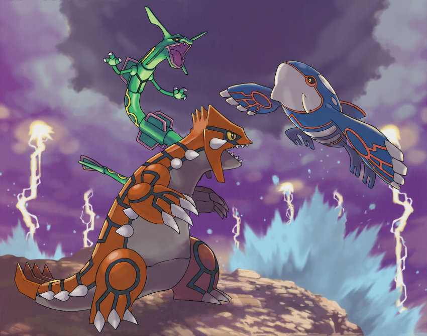 animal_focus artist_request black_sclera claws cloud cloudy_sky colored_sclera fangs flying gen_3_pokemon groudon highres kyogre legendary_pokemon lightning nintendo no_humans official_art open_mouth outdoors pokemon pokemon_(creature) pokemon_focus purple_sky rayquaza sharp_teeth sky spikes splashing storm teeth third-party_source water yellow_eyes