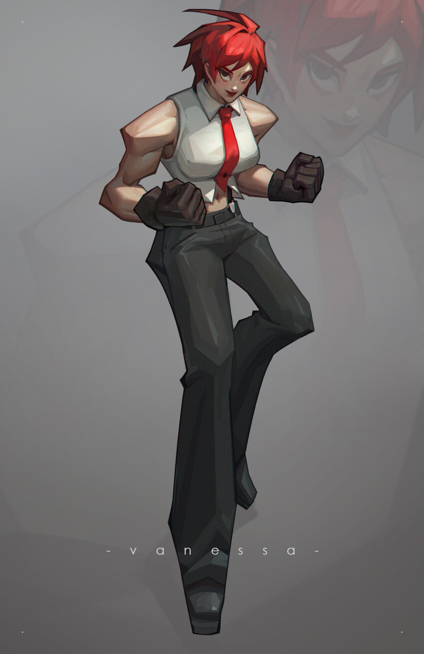 1girl breasts brown_eyes formal_clothes gloves highres large_breasts leather looking_at_viewer pale_skin pants red_hair shirt shoes short_hair smile smiley_face standing suspenders the_king_of_fighters vanessa_(kof) white_shirt wide_hips zuna_zhonghao