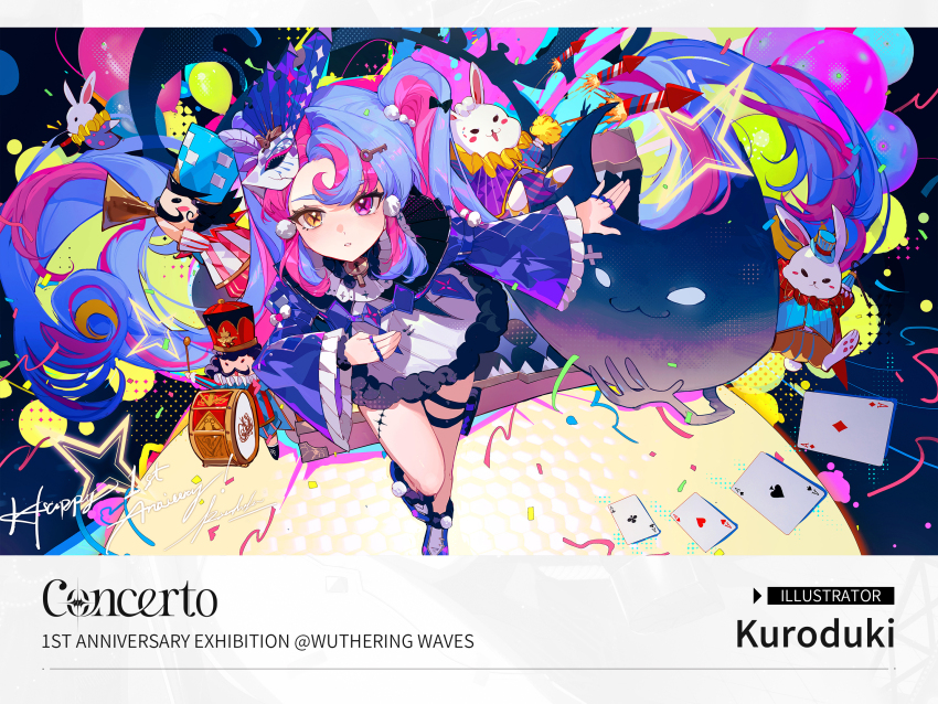 1girl anniversary blue_hair card commentary dress english_commentary english_text eye_mask fur-trimmed_dress fur_trim heterochromia highres jewelry key_hair_ornament kuroduki looking_at_viewer mask mask_on_head multicolored_hair multiple_rings outstretched_arm parted_lips pero_(wuthering_waves) pink_eyes pink_hair playing_card purple_shrug ring roccia_(wuthering_waves) second-party_edit second-party_source solo symbol-shaped_pupils tacet_discord_(wuthering_waves) tacet_mark_(wuthering_waves) twintails two-tone_hair white_dress wuthering_waves x-shaped_pupils yellow_eyes