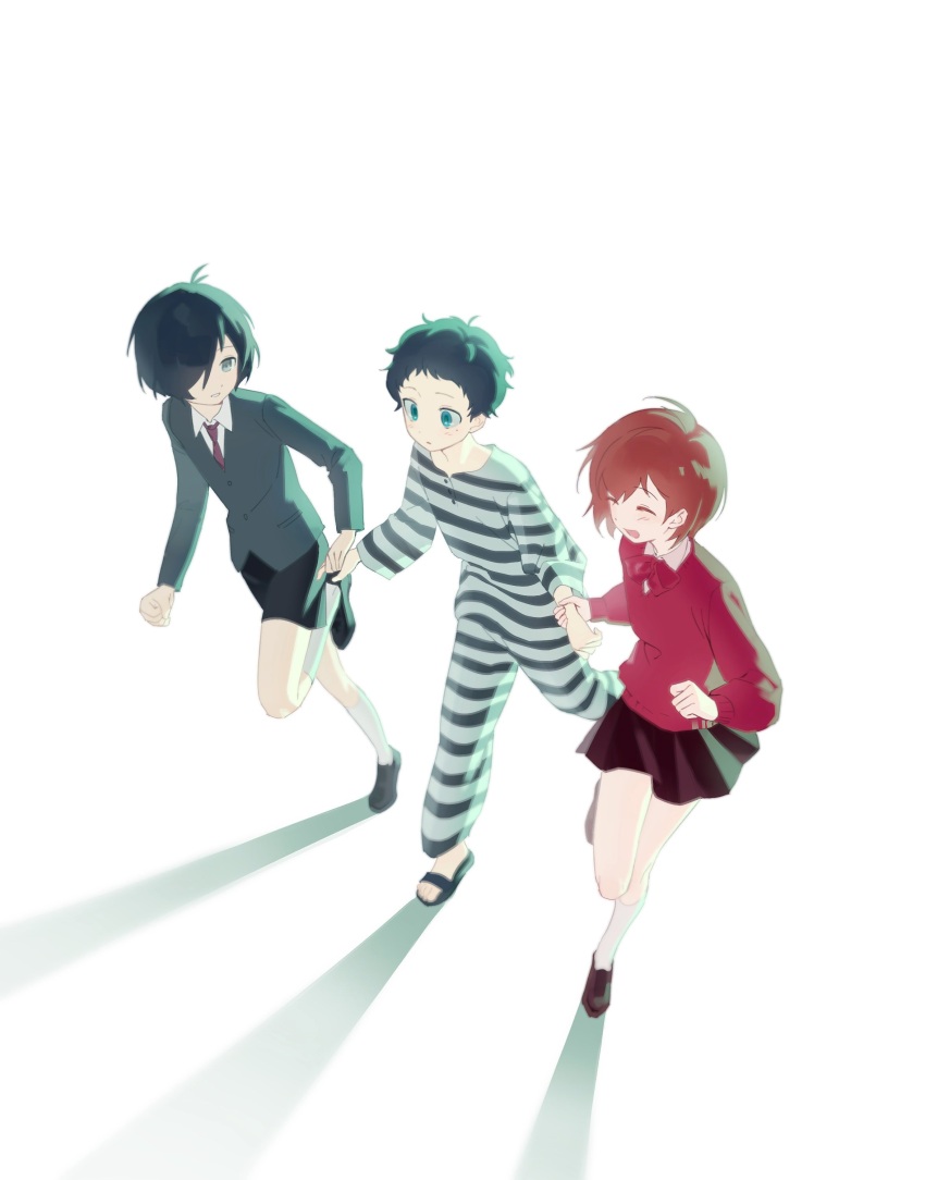 1girl 2boys 7_ps absurdres aged_down black_hair black_shoes black_shorts black_skirt blue_eyes brown_hair closed_eyes collared_shirt hair_over_one_eye hashtag-only_commentary highres holding_hands jacket kneehighs long_sleeves multiple_boys open_mouth pants persona persona_3 persona_3_portable pharos prison_clothes shadow shirt shoes shorts simple_background skirt socks white_background white_shirt white_socks yuuki_makoto_(persona_3)