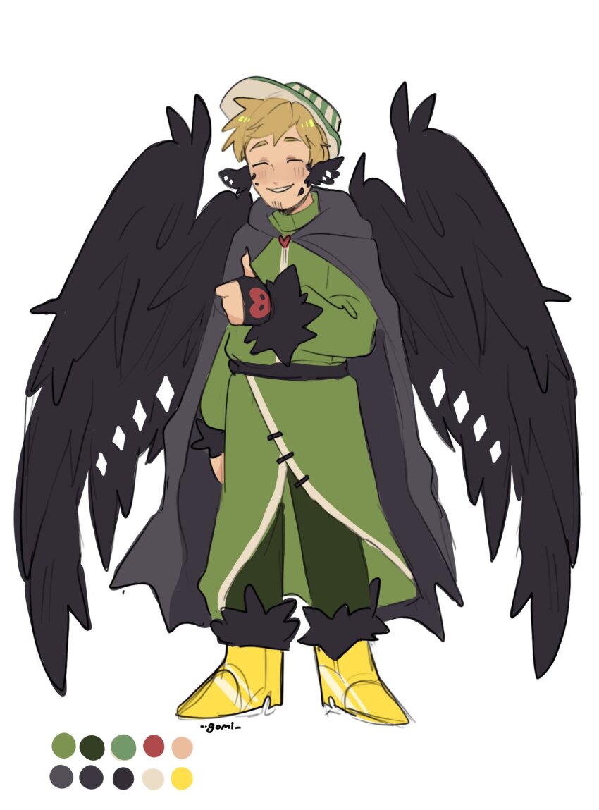 1boy adapted_costume animal_ears beard_stubble bird_boy bird_ears bird_wings black_cape black_wings blonde_hair boots cape closed_eyes color_guide facial_hair fur-trimmed_boots fur_trim gomiidd green_pants green_robe happy hardcore_heart hat heart highres hood hood_down male_focus minecraft_youtube origins_smp pants ph1lza ph1lza_(elytrian) robe short_hair sketch smile striped_clothes striped_headwear stubble thumbs_up white_background wings