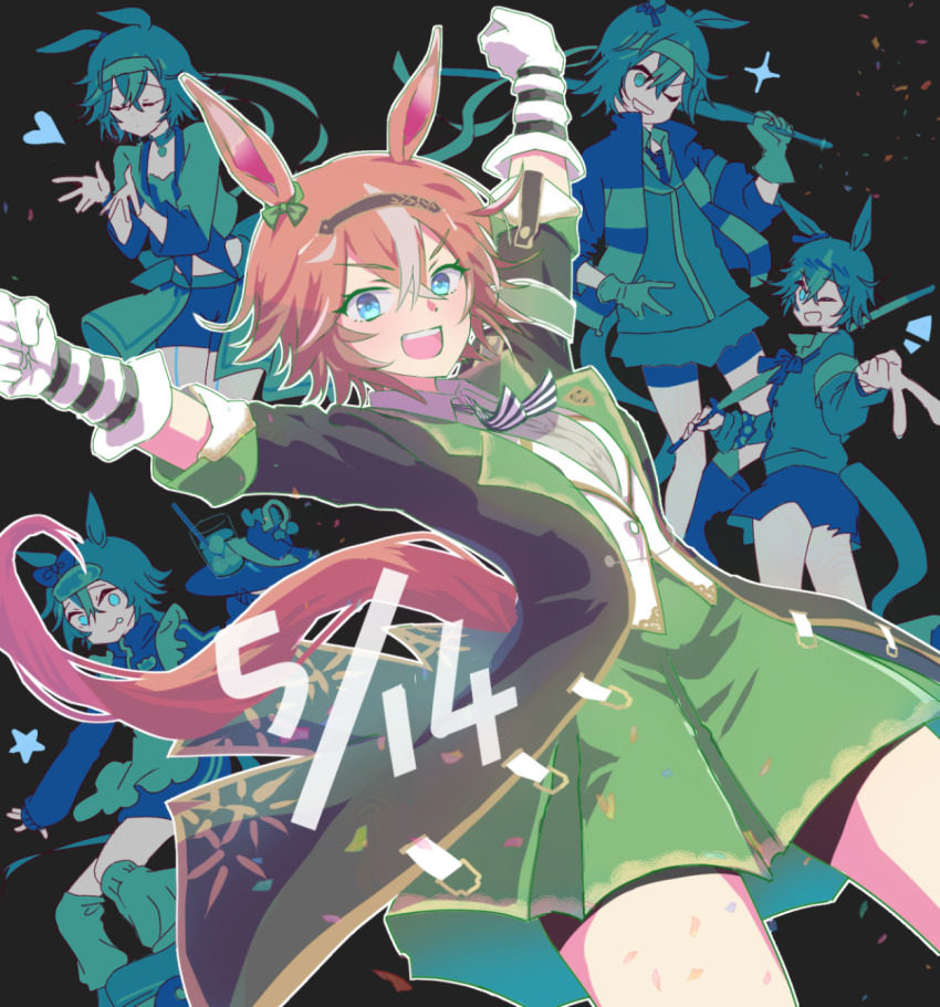 1girl animal_ears ari_(psye8488) bamboo_memory_(umamusume) black_coat blue_eyes bow brown_hair brown_hairband cardigan choker coat commentary_request drinking_straw ear_ribbon glass gloves green_skirt hairband highres horse_ears horse_girl horse_tail jacket loose_socks miniskirt open_mouth outstretched_arms short_hair skirt smile socks tail turtleneck turtleneck_jacket umamusume v white_gloves