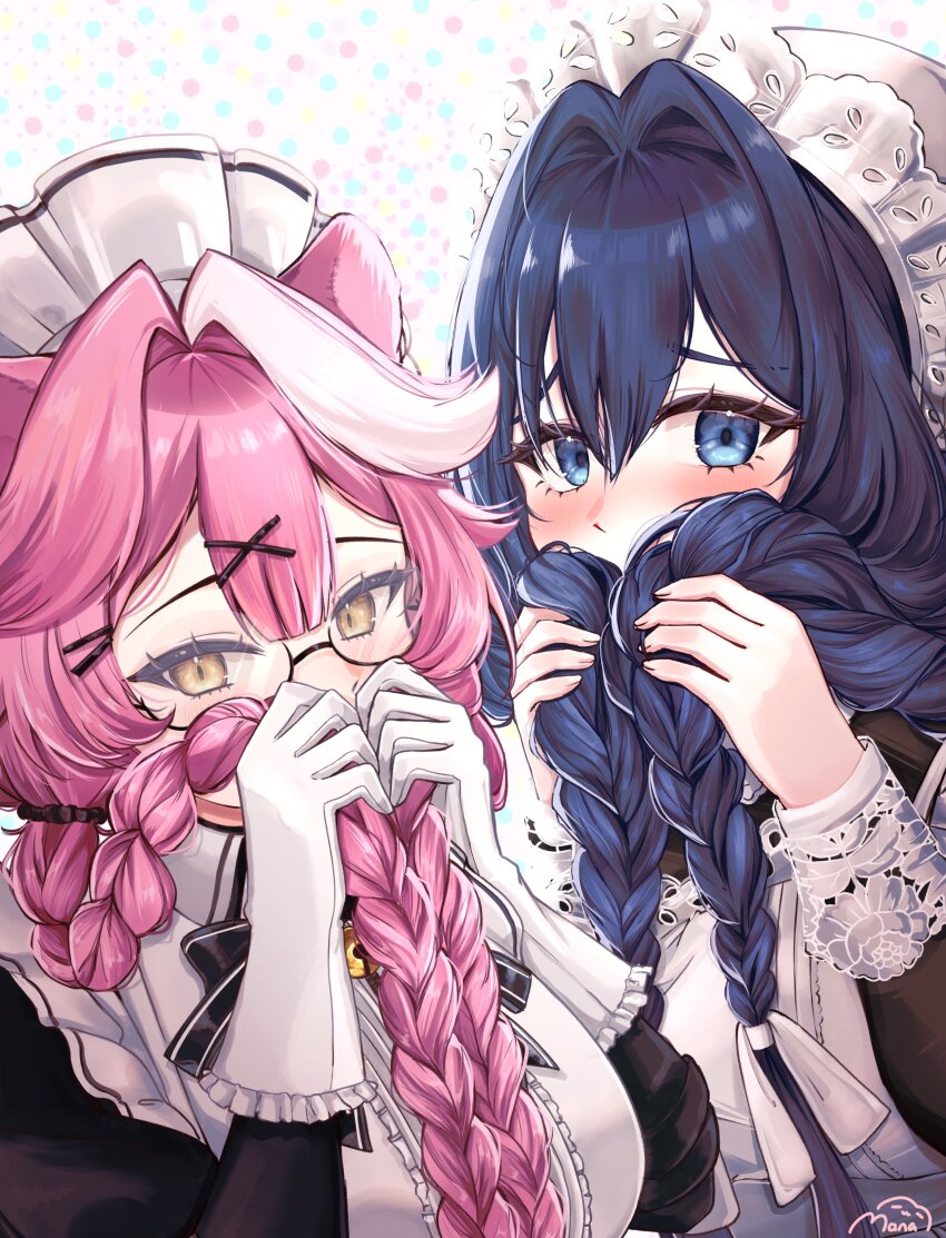 2girls absurdres animal_ears apron bell black-framed_eyewear black_dress blue_eyes blue_hair blush braid breasts collared_dress commentary covered_mouth dress embarrassed embroidery english_commentary frilled_hat frills glasses gloves hair_between_eyes hair_intakes hair_ornament hair_ribbon hat highres holding holding_own_hair hololive hololive_english jingle_bell large_breasts long_hair long_sleeves looking_at_viewer low_twin_braids maid maid_apron maid_headdress making-of_available manaryuujin mob_cap multicolored_hair multiple_girls neck_bell official_alternate_costume official_alternate_hairstyle ouro_kronii ouro_kronii_(maid) panther_ears panther_girl pink_hair raora_panthera ribbon semi-rimless_eyewear streaked_hair twin_braids two-tone_hair under-rim_eyewear upper_body virtual_youtuber white_apron white_gloves white_hair white_hat white_ribbon x_hair_ornament yellow_eyes
