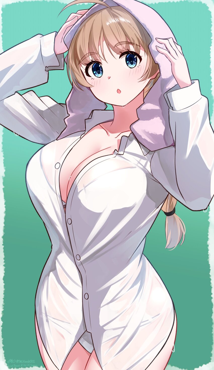 1girl :o absurdres blue_eyes braid breasts brown_hair highres hiroshi_(hunter-of-kct) large_breasts looking_at_viewer lynette_bishop panties shirt simple_background single_braid solo standing strike_witches towel towel_on_head underwear white_panties white_shirt world_witches_series