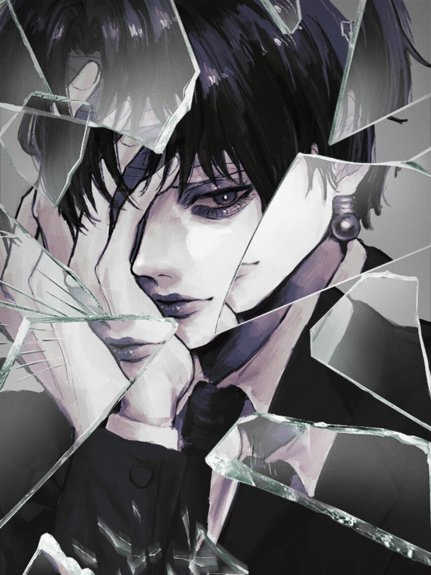 1boy arm_up bandaged_head bandages broken_glass chrollo_lucilfer closed_mouth collared_shirt commentary_request earrings edamame_117 glass glass_shards grey_background hand_on_own_face highres hunter_x_hunter jacket jewelry layered_sleeves long_sleeves looking_to_the_side male_focus necktie piercing shattered shirt sideways_glance solo sphere_earrings suit_jacket upper_body wing_collar