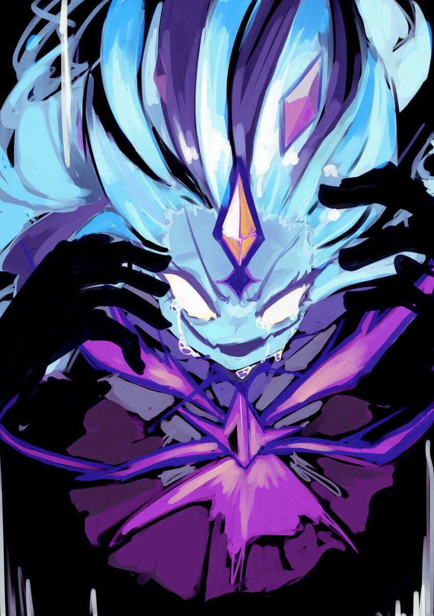 1girl :d absurdres blue_skin colored_skin dress fangs gem hands_up highres iriru_(ilill) league_of_legends long_hair multicolored_hair no_pupils open_mouth smile solo star_guardian_zoe tears teeth zoe_(league_of_legends)