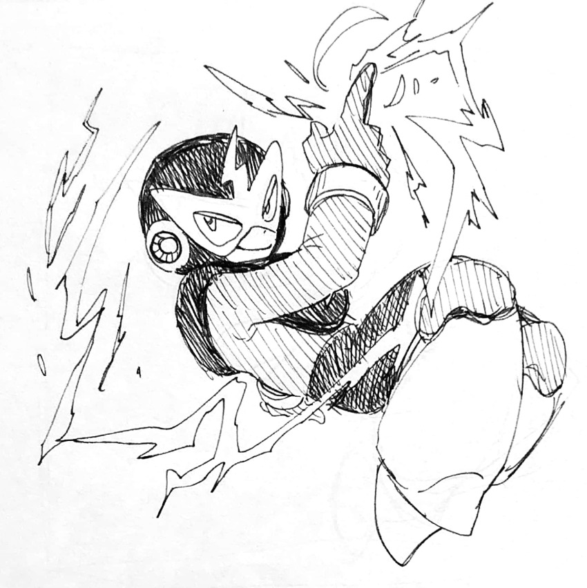 1boy android bodysuit closed_mouth commentary domino_mask elec_man electricity floating full_body greyscale half-closed_eyes helmet highres male_focus mask mega_man_(classic) mega_man_(series) mega_man_1 monochrome simple_background sketch smile snapping_fingers solo takenokonoko traditional_media white_background