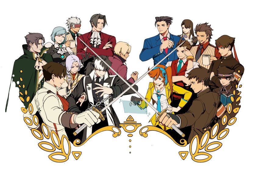 4girls 6+boys ace_attorney apollo_justice aqua_necktie armband ascot asymmetrical_bangs athena_cykes barok_van_zieks bead_necklace beads bishounen black_capelet black_eyes black_gloves black_hair black_headwear black_shirt black_vest blonde_hair blue_eyes blue_gemstone blue_hair blue_hairband blue_jacket blue_necktie blue_ribbon blue_sleeves blue_suit book bow bowtie bracelet braid brown_eyes brown_hair brown_shirt brown_sleeves buttons capelet chain cloak closed_mouth coat coattails collarbone collared_capelet collared_cloak collared_jacket collared_shirt collared_vest cropped_torso crossed_arms cuffs cup diamond_brooch diego_armando earrings everyone expressionless eye_mask facial_hair fingerless_gloves fingernails formal_clothes franziska_von_karma from_side gem gloves goatee godot_(ace_attorney) gold_bracelet green_cloak green_shirt grey_hair hair_over_one_eye hair_over_shoulder hair_ribbon hairband hand_on_own_elbow hand_on_own_forehead hat headband high_collar highres holding holding_book holding_cup holding_sword holding_weapon holographic_monitor hoop_earrings jacket jewelry kazuma_asogi klavier_gavin layered_sleeves long_hair long_sleeves mia_fey miles_edgeworth military_hat miniskirt mug multicolored_hair multiple_boys multiple_girls nahyuta_sahdmadhi necklace necktie open_book orange_armband orange_hair pale_skin parted_bangs phoenix_wright pink_jacket pink_sleeves pleated_skirt puffy_short_sleeves puffy_sleeves purple_hair red_ascot red_headband red_jacket red_necktie red_shirt red_sleeves red_vest ribbon ring ryunosuke_naruhodo ryutaro_naruhodo school_uniform shackles shaded_face shirt short_hair short_sleeves side_ponytail simon_blackquill simple_background single_braid skirt sleeveless sleeveless_coat smile spiked_hair straight_hair striped_clothes striped_vest suit susato_mikotoba sword tan two-tone_hair ummi_ii vertical-striped_clothes vertical-striped_vest vest weapon white_ascot white_background white_bow white_bowtie white_coat white_hair white_jacket white_mask white_necktie white_shirt white_sleeves white_undershirt white_vest yellow_jacket yellow_skirt yellow_sleeves