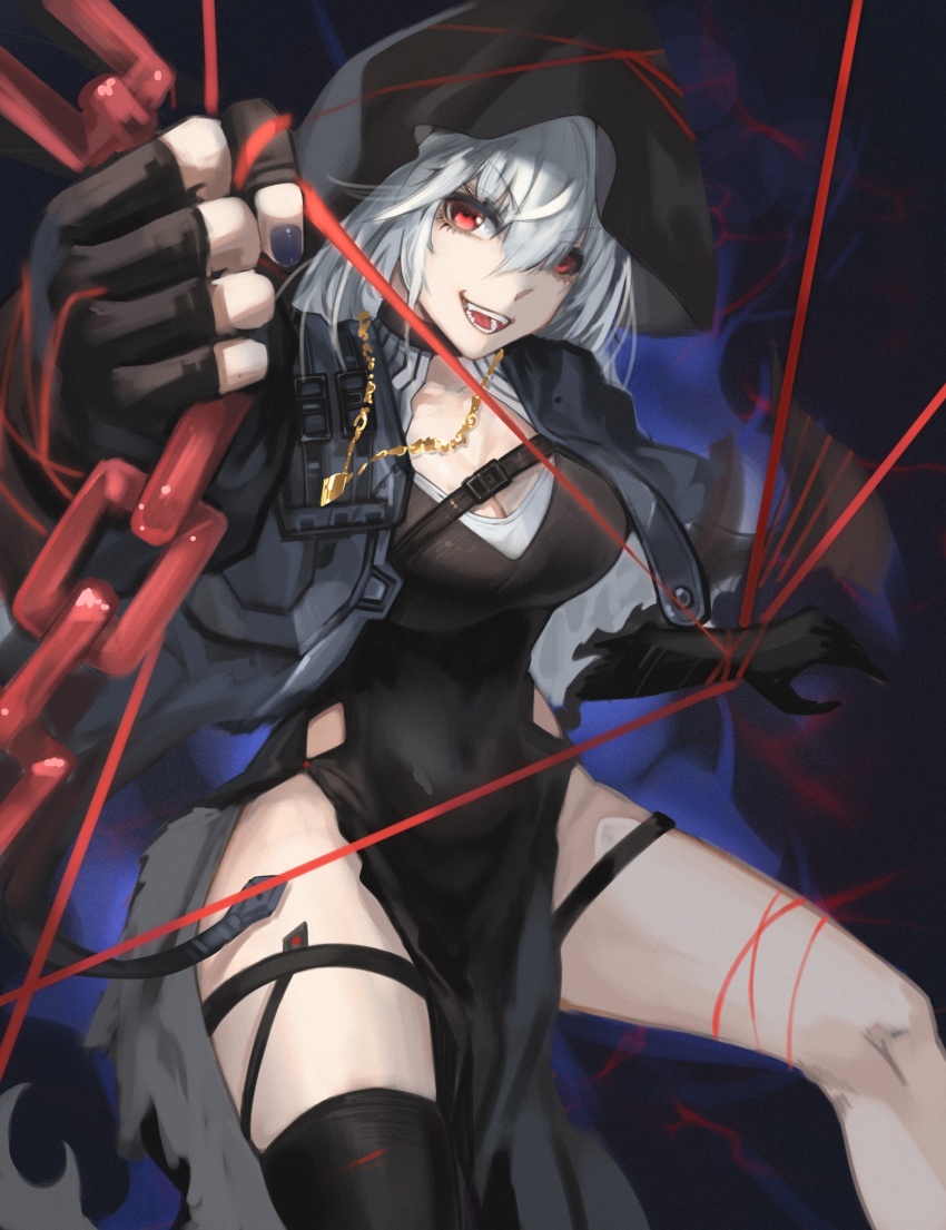 1girl absurdres arknights belt belt_buckle black_gloves black_thighhighs blue_nails breasts buckle capelet chain choker cleavage cleavage_cutout clothing_cutout coif dark_background dress gloves gold_necklace grey_capelet grey_hair hair_between_eyes highres hood jewelry long_dress long_hair long_sleeves looking_at_viewer nail_polish necklace open_clothes open_mouth pendant red_eyes restraints shoulder_strap simple_background solo specter_(arknights) specter_the_unchained_(arknights) thigh_cutout thigh_strap thighhighs turtleneck very_long_hair yu_ruo