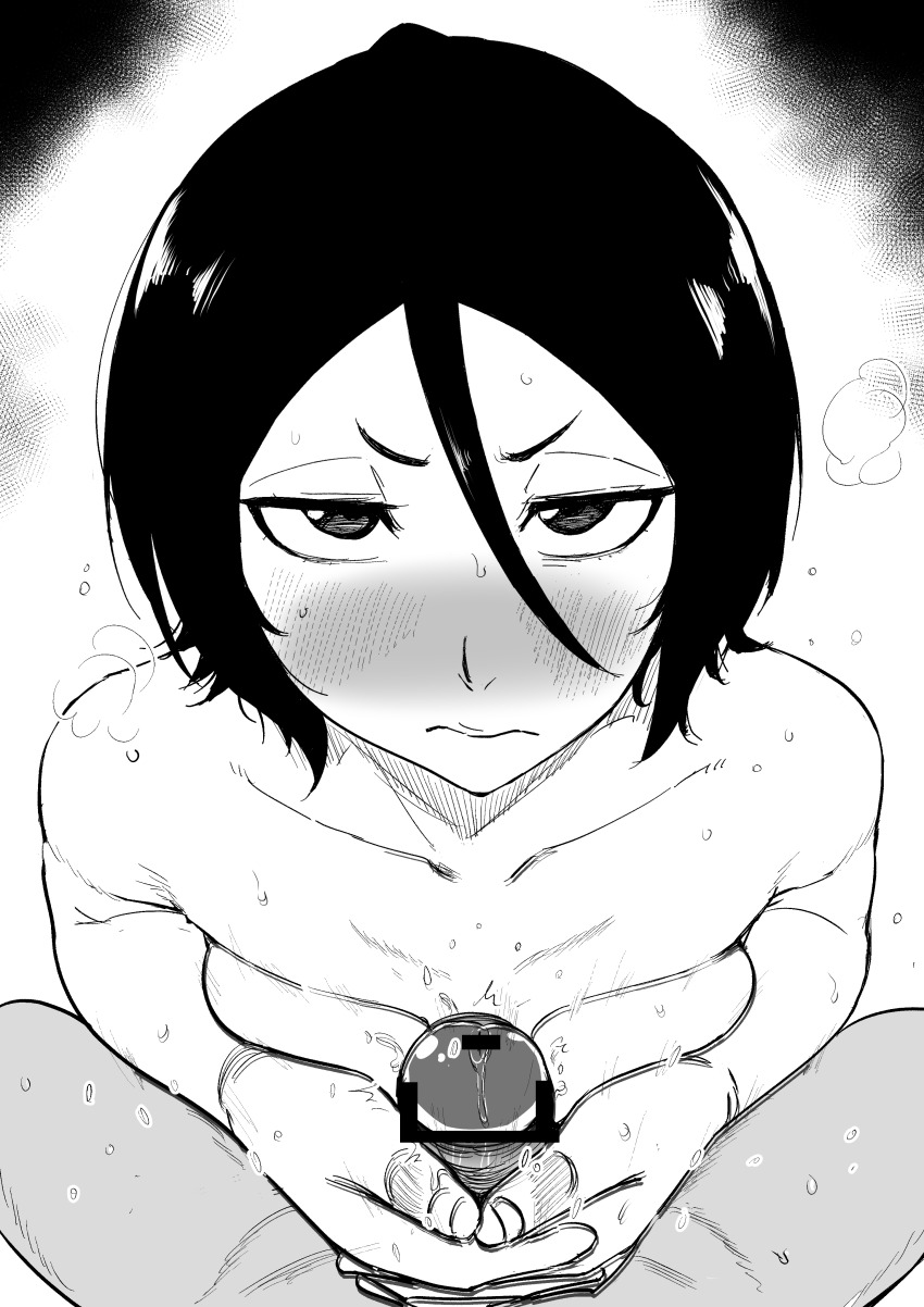 1boy 1girl absurdres bar_censor bare_shoulders black_hair bleach bleach:_sennen_kessen-hen blush breasts censored collarbone completely_nude highres kaiman_garupan kuchiki_rukia looking_at_viewer medium_hair monochrome naizuri nude paizuri penis_grab small_breasts steam