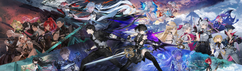 6+boys 6+girls absolutely_everyone adjusting_clothes adjusting_necktie ahoge armband armlet artist_request bare_shoulders black_armband black_bodysuit black_dress black_gloves black_hair black_hairband black_horns black_jacket black_pants black_shirt blonde_hair blue_butterfly blue_eyes blue_hair blue_shirt blue_veil bodysuit bow brant_(wuthering_waves) breasts brown_hair bug butterfly button_gap calcharo_(wuthering_waves) camellya_(wuthering_waves) cantarella_(wuthering_waves) carlotta_(wuthering_waves) cartethyia_(wuthering_waves) changli_(wuthering_waves) check_artist ciaccona_(wuthering_waves) cleavage closed_mouth cloud cloudy_sky collarbone colored_extremities colored_inner_hair colored_tips cosmos_(wuthering_waves) cross-laced_clothes cross-laced_dress crown_of_thorns curled_horns dragon dress eastern_dragon elbow_gloves encore_(wuthering_waves) everyone eye_trail female_rover_(wuthering_waves) gauntlets glasses gloves green_kimono grey_hair grey_shirt gun hadanugi_dousa hair_bow hair_ornament hair_vines hairband hand_up hat headdress heterochromia highres holding holding_gun holding_polearm holding_scythe holding_sword holding_weapon horns insect jacket japanese_clothes jellyfish jewelry jianxin_(wuthering_waves) jinhsi_(wuthering_waves) jiyan_(wuthering_waves) jue_(wuthering_waves) katsuyamamage kimono kuji-in large_breasts light_trail lingyang_(wuthering_waves) long_hair male_rover_(wuthering_waves) mechanical_arms mechanical_hands multicolored_hair multiple_boys multiple_girls musical_note necktie official_art open_clothes open_kimono open_mouth open_shirt outdoors pants parted_bangs parted_lips pelvic_curtain pero_(wuthering_waves) phoebe_(wuthering_waves) pink_bow pink_hair pink_jacket pointy_ears polearm purple_eyes purple_hair red_hair red_hands red_necktie roccia_(wuthering_waves) round_eyewear rover_(wuthering_waves) scythe second-party_source secretfj520 shirt shirt_tucked_in shorekeeper_(wuthering_waves) shrug_(clothing) single_mechanical_arm single_mechanical_hand skirt sky smile spear striped_bow sword tacet_mark_(wuthering_waves) thighs toned toned_male tree_horns tricorne two-tone_veil veil verina_(wuthering_waves) very_long_hair weapon white_dress white_hair white_hat white_pants white_shirt white_shrug white_skirt white_veil wuthering_waves x_hair_ornament xiangli_yao_(wuthering_waves) yellow_eyes yinlin_(wuthering_waves) zani_(wuthering_waves) zhezhi_(wuthering_waves)