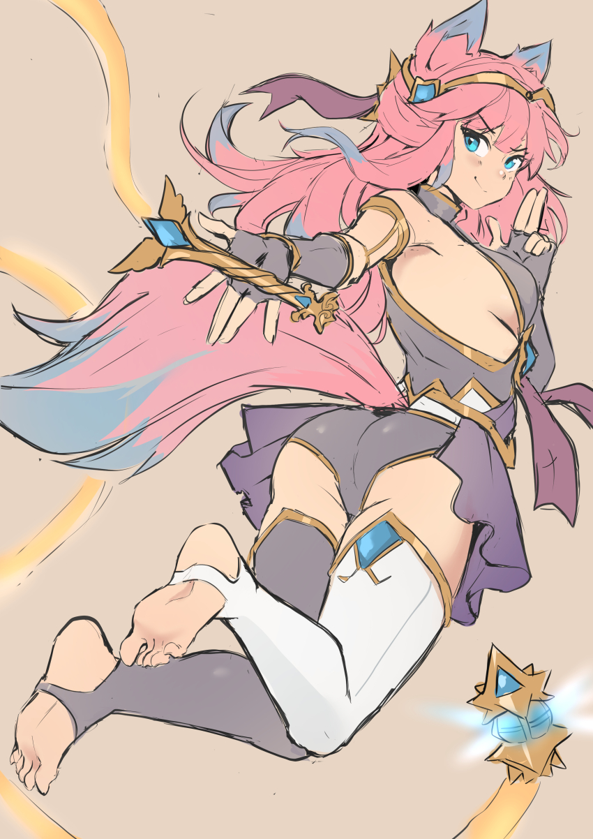 1girl absurdres alternate_costume animal_ears ass bare_shoulders blue_eyes blue_hair blush breasts cafin dress feet female_focus fingerless_gloves flail foot_focus fox_ears fox_girl fox_tail full_body gloves gold_trim grin highres holding holding_weapon kuji-in long_bangs long_hair medium_breasts multicolored_hair original pink_hair saya_(atelier951) shiny_skin sideboob simple_background skirt smile soles solo stirrup_legwear tail toeless_legwear toes two-tone_dress weapon