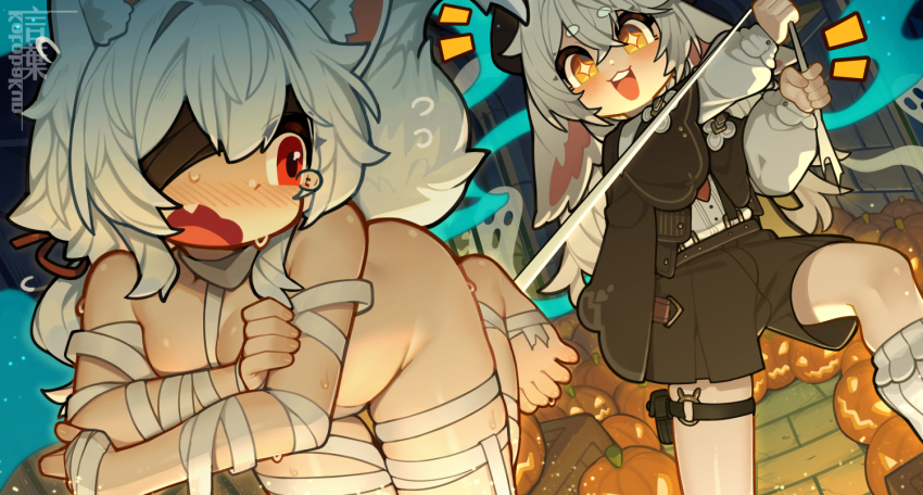 +_+ 2others androgynous animal_ears bandage_over_one_eye bandages black_jacket black_shorts commentary_request fang jacket kotoba_(1074421015) multiple_others naked_bandage open_mouth original red_eyes short_shorts shorts tail teeth upper_teeth_only yellow_eyes