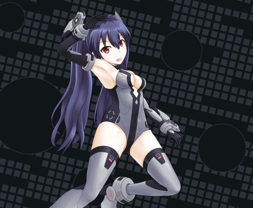 1girl :d armpits black_hair black_heart_(neptunia) black_heart_(neptunia)_(cosplay) boots cleavage_cutout clothing_cutout cosplay elbow_gloves female_focus gloves halcyon_(halcyon90) headgear highres leotard looking_at_viewer neptune_(series) noire_(neptunia) open_mouth red_eyes smile solo thigh_boots thighhighs twintails