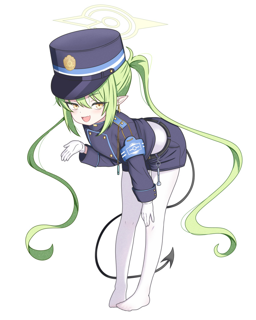 1girl :d absurdres armband belt bent_over black_belt black_hat black_jacket black_shorts blue_archive blue_armband buttons commentary demon_girl demon_tail double-breasted earrings fang full_body gloves green_hair green_halo hair_between_eyes halo hand_on_own_knee hand_up hat highres jacket jewelry long_hair long_sleeves looking_at_viewer no_shoes nozomi_(blue_archive) nyatako open_hand open_mouth pantyhose peaked_cap pointy_ears shorts sidelocks skin_fang smile smug solo tail tsurime twintails very_long_hair white_gloves white_pantyhose wing_earrings yellow_eyes