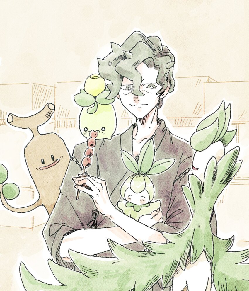 arboliva brassius_(pokemon) brown_kimono closed_eyes creatures_(company) dango feeding_animal food game_freak gen_2_pokemon gen_5_pokemon green_eyes green_hair highres ii_ebidashi japanese_clothes kimono light_smile mitarashi_dango nintendo petilil plant_monster pokemon pokemon_sv smoliv sudowoodo wagashi