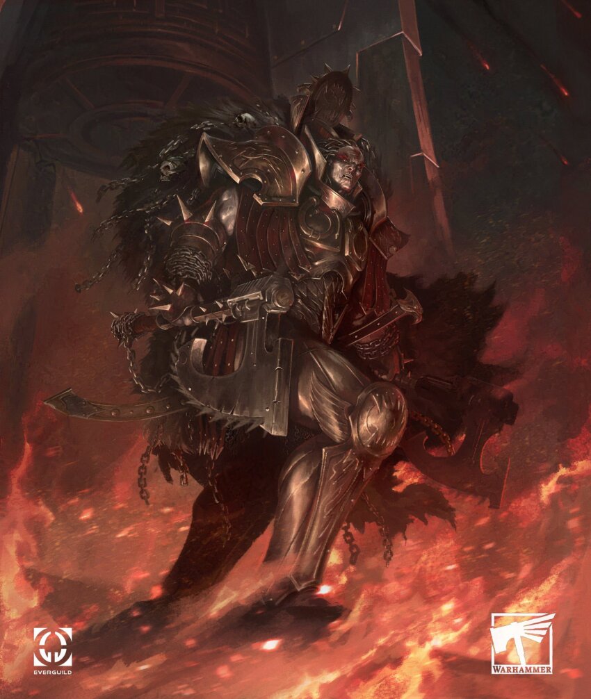 1boy alvarojh_art angron armor armored_boots boots breastplate chain chain_axe chaos_(warhammer) copyright_name embers facepaint fire full_armor gold_armor gorechild gorefather hair_tubes highres holding holding_weapon open_mouth pauldrons power_armor primarch red_facepaint shoulder_armor skull solo teeth vambraces warhammer_40k weapon