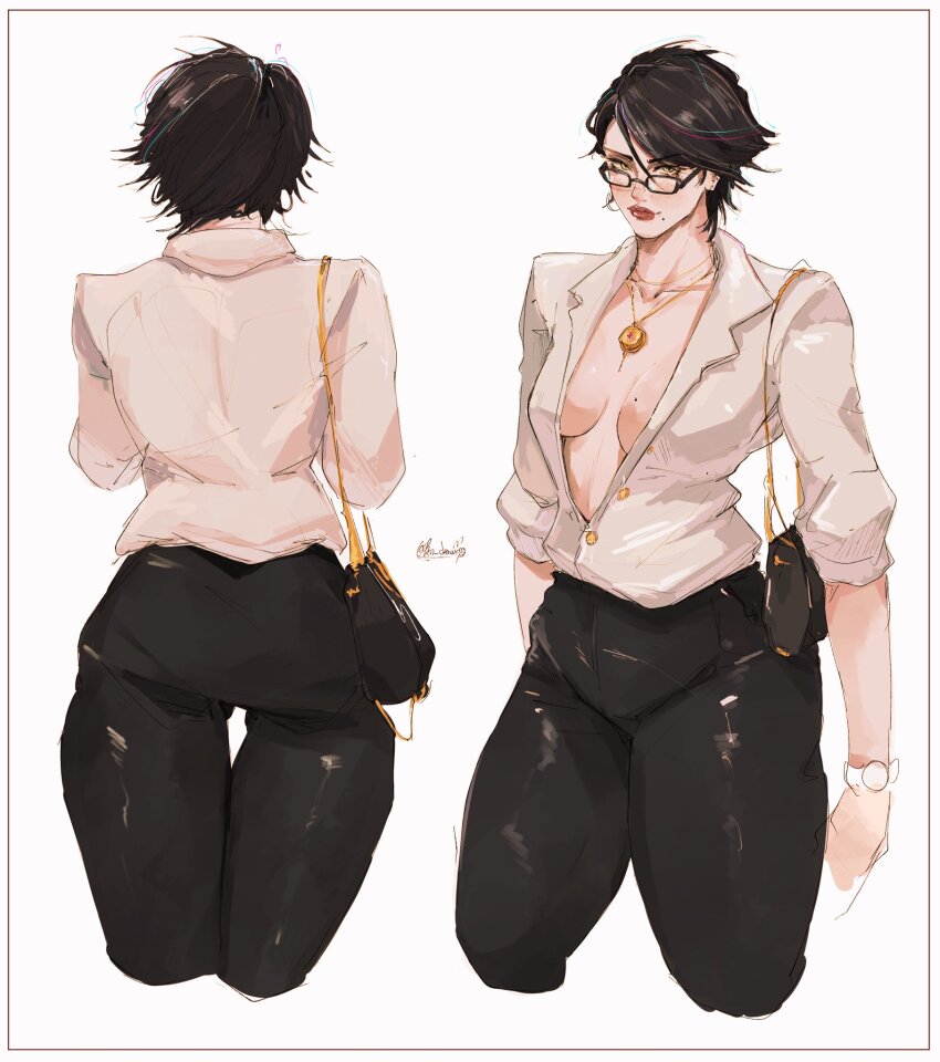 1girl ass bag bayonetta bayonetta_(series) bayonetta_2 black-framed_eyewear black_hair black_pants bon_drawr breasts cropped_legs front_and_back glasses handbag highres jacket jewelry medium_breasts mole necklace pants partially_unbuttoned red_lips short_hair simple_background white_jacket