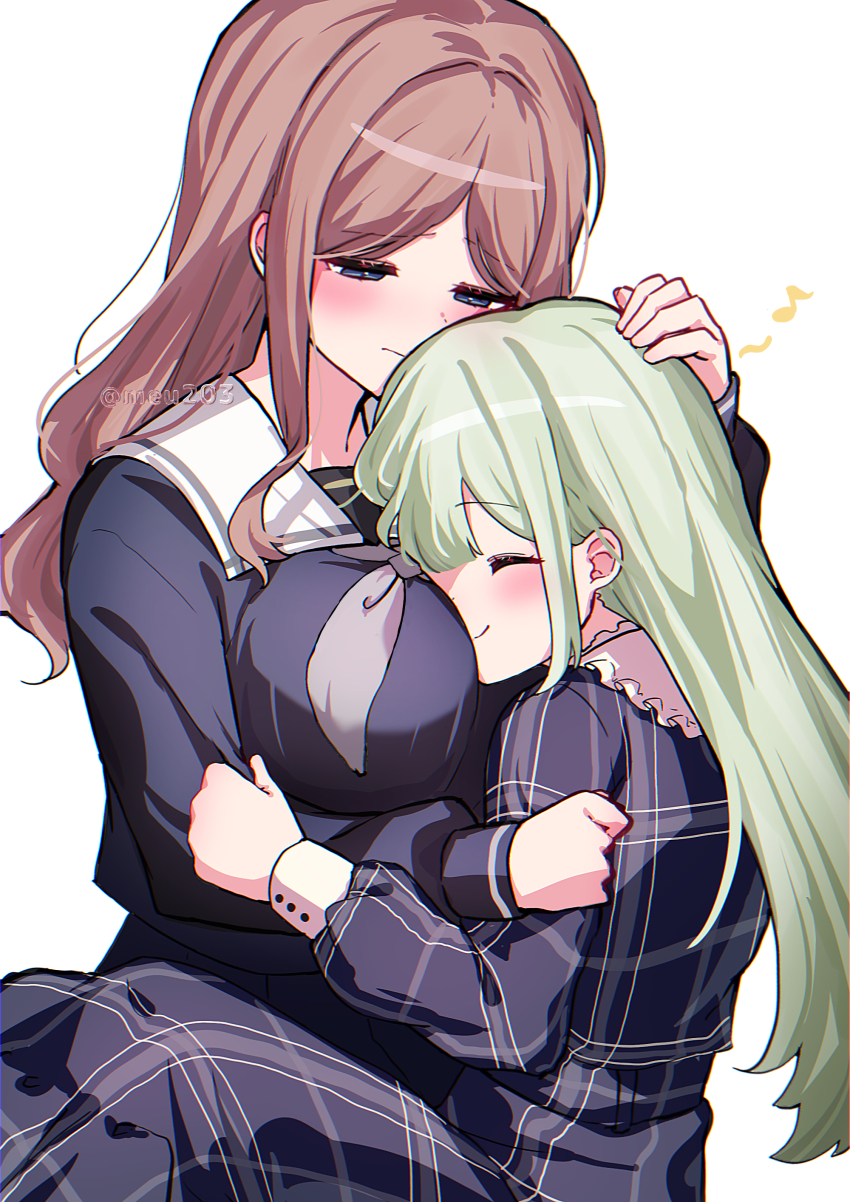 2girls absurdres bang_dream! bang_dream!_it&#039;s_mygo!!!!! between_breasts blue_dress blue_shirt blush breasts brown_hair closed_eyes closed_mouth dress green_hair grey_neckerchief head_between_breasts headpat highres large_breasts long_hair long_sleeves meu203 mortis_(bang_dream!) mortis_(persona)_(bang_dream!) multiple_girls nagasaki_soyo neckerchief plaid_clothes plaid_dress school_uniform shirt sidelocks smile tsukinomori_school_uniform twitter_username wakaba_mutsumi white_background yuri