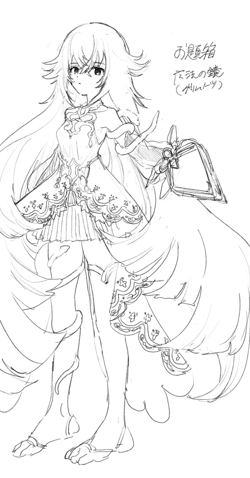 1girl bare_shoulders barefoot breasts bridal_gauntlets cleavage_cutout clothing_cutout detached_sleeves dress full_body grimms_notes highres long_hair magic_mirror_(grimms_notes) monochrome see-through_clothes see-through_sleeves sketch skirt socks solo source_request very_long_hair white_background