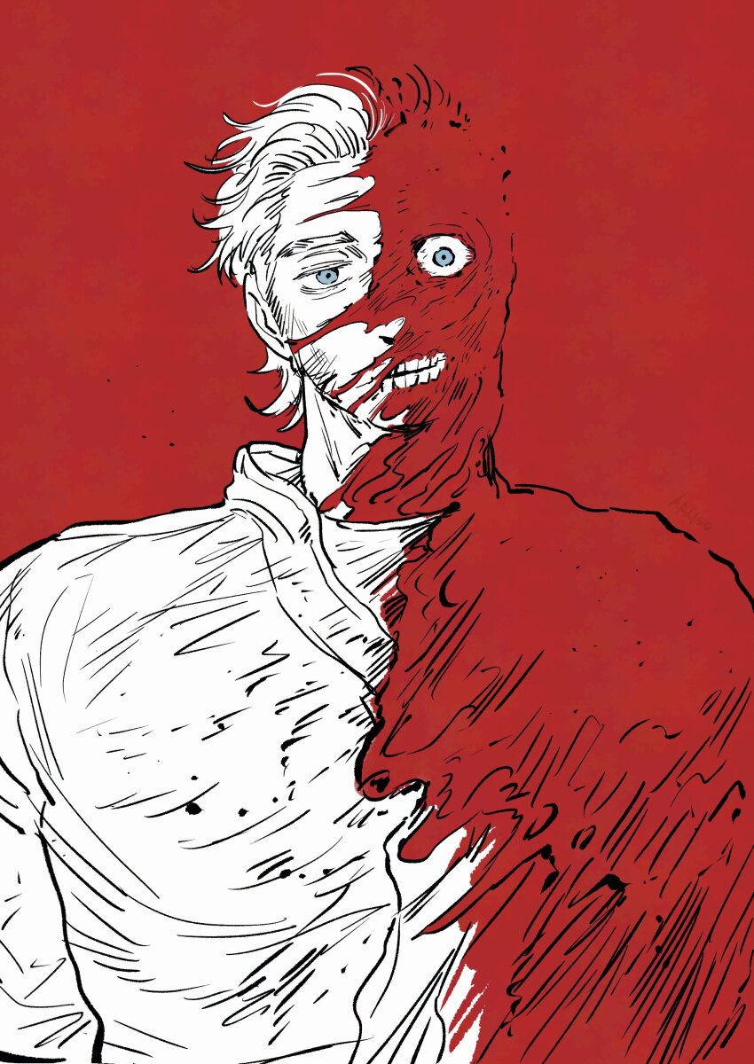 1boy absurdres ara_4x4 blue_eyes curly_(mouthwashing) curly_(post-crash)_(mouthwashing) curly_(pre-crash)_(mouthwashing) exposed_muscle expressionless hair_slicked_back highres injury jumpsuit looking_at_viewer male_focus monochrome mouthwashing no_skin red_background red_theme short_hair simple_background sketch skinned solo split_theme spot_color teeth