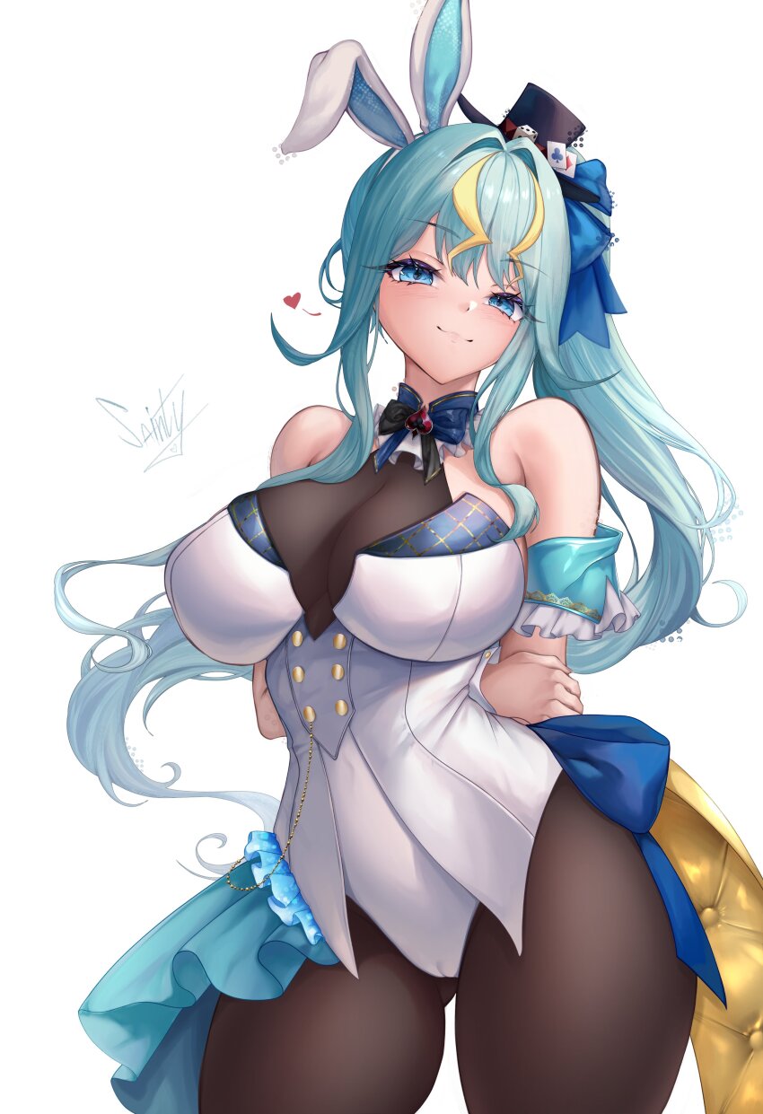1girl absurdres animal_ear_hairband animal_ears black_bow black_hat blonde_hair blue_eyes blue_hair bodystocking bow bowtie closed_mouth commission eyelashes fake_animal_ears hair_bow hairband hat highres kaminari_clara leotard long_hair mini_hat mini_top_hat multicolored_hair phase_connect rabbit_ear_hairband rabbit_ears sainty signature solo streaked_hair top_hat two-tone_bow two-tone_bowtie virtual_youtuber white_background white_leotard
