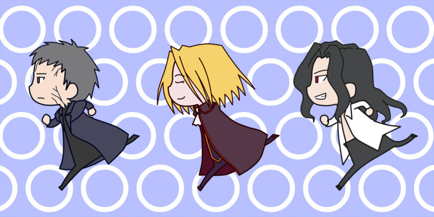 3boys black_coat black_hair black_pants blonde_hair cape chibi closed_eyes coat collared_shirt expressionless grey_eyes grey_hair kurokaze_takaomi long_coat long_hair melty_blood meme michael_roa_valdamjong multiple_boys nrvnqsr_chaos open_clothes open_shirt pants red_eyes running shirt short_hair simple_background smile smooooch tsukihime wallachia white_shirt