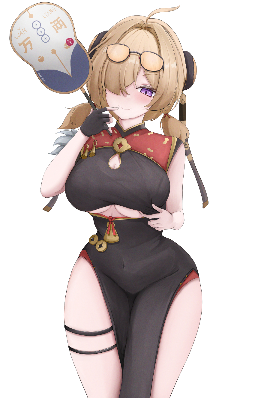 1girl absurdres ahoge black_dress black_gloves blonde_hair blush breasts china_dress chinese_clothes cleavage cleavage_cutout clothes_pull clothing_cutout coin commentary_request covered_navel double_bun dress dress_pull eyewear_on_head fingerless_gloves gloves gold_trim hair_between_eyes hair_bun hair_intakes hair_over_one_eye hand_fan hand_up highres holding holding_fan izumiillus large_breasts looking_at_viewer low_twintails pelvic_curtain purple_eyes short_hair side_slit simple_background single_fingerless_glove single_glove smile solo standing sweety_(zenless_zone_zero) thigh_strap tinted_eyewear twintails underboob white_background zenless_zone_zero